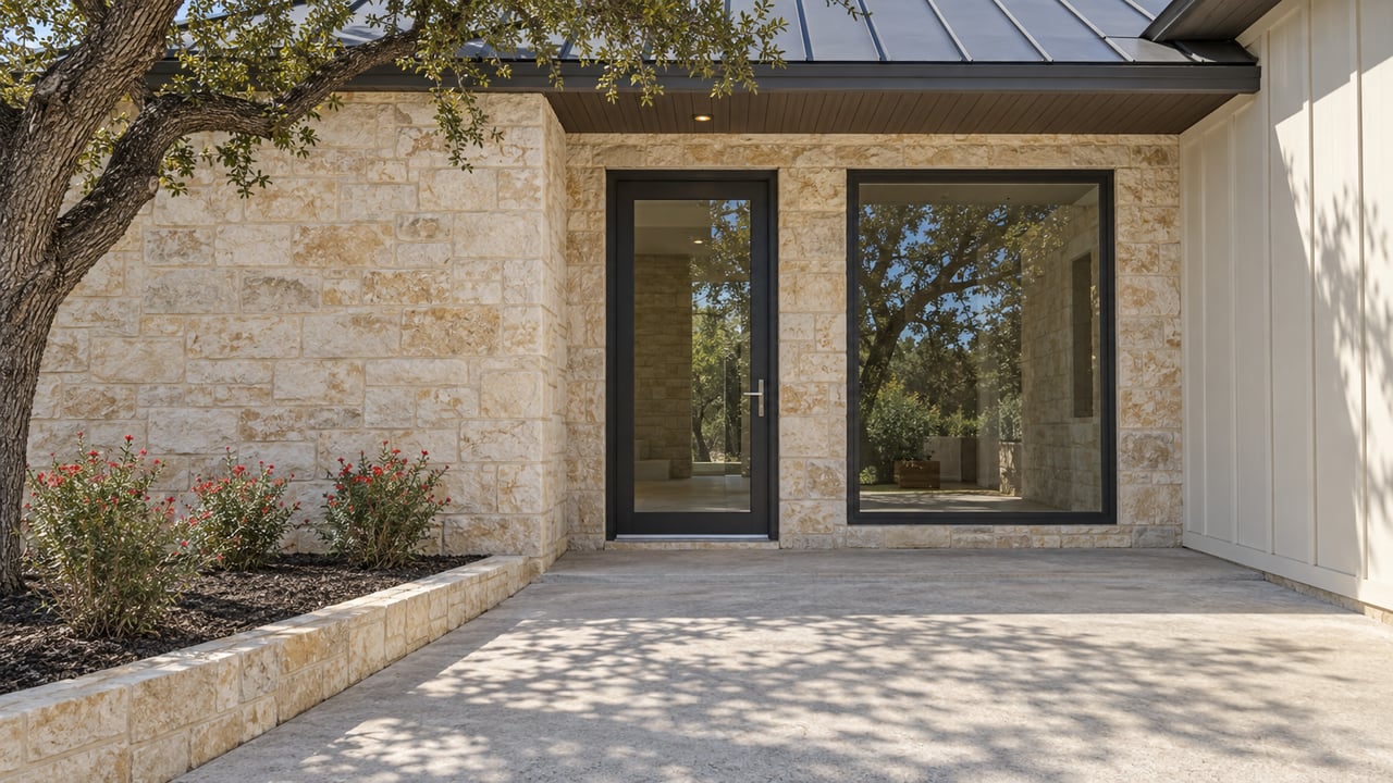 Limestone and painted board-and-batten home entry with a charcoal glazed door, metal roof, and mature live oak beside a concrete approach.