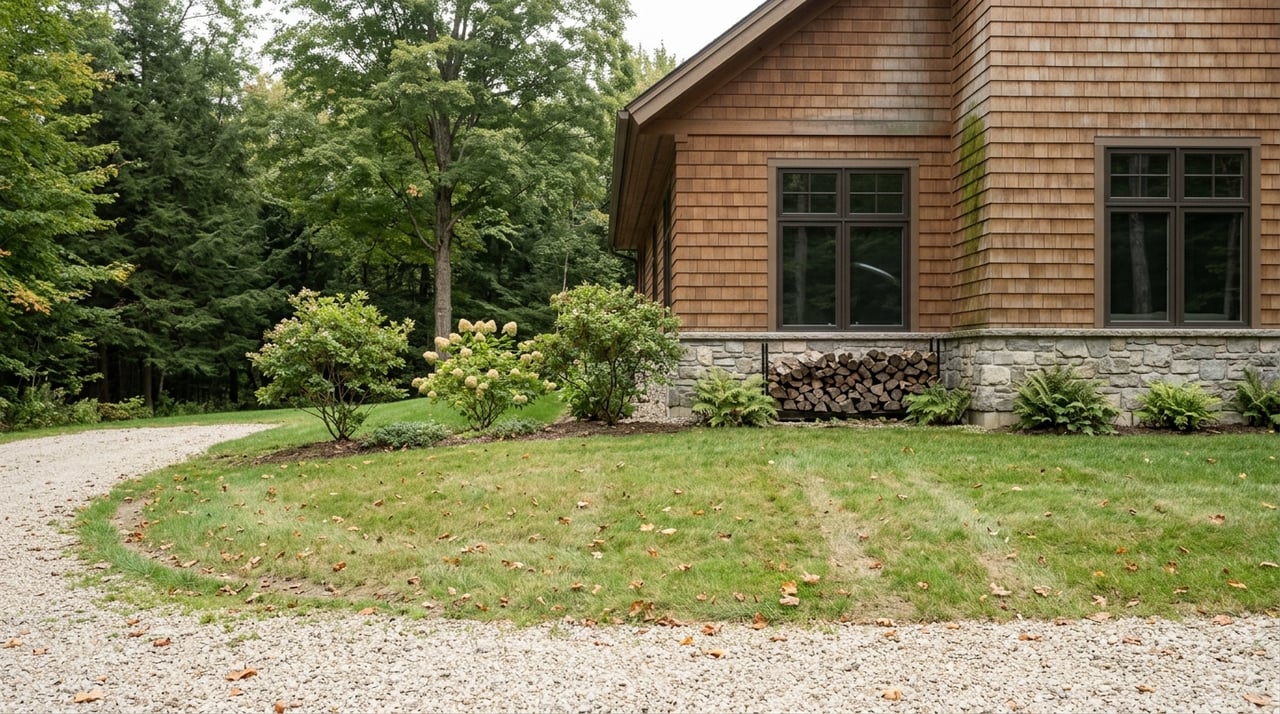 Cedar-shingled house with a split-fieldstone base, gravel drive, and stacked firewood, set against dense forest.