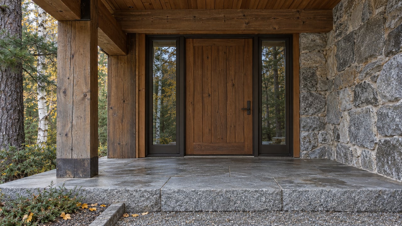 Sheltered cedar entry with paired glazed sidelights, granite walls and a broad stone landing beside white birch and eastern white pine.