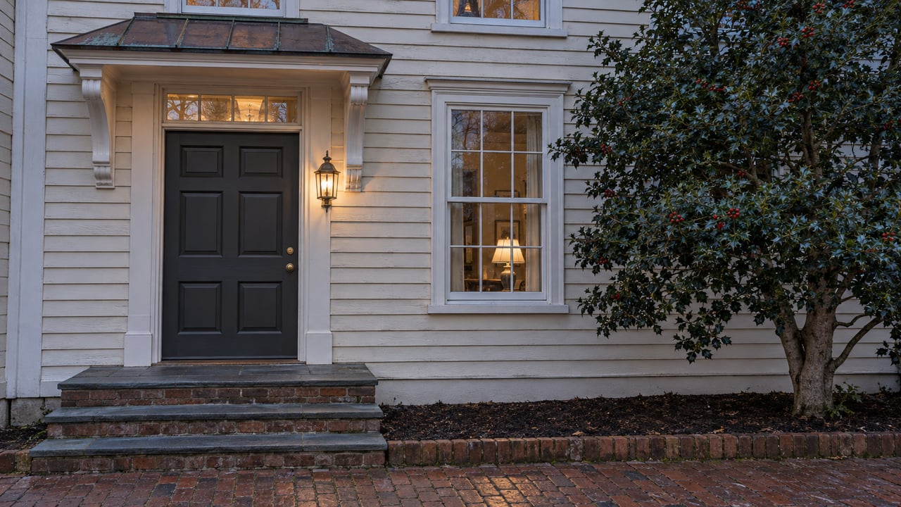 Ivory clapboard town house entry at blue hour with a copper canopy, bluestone steps, warm brass lantern, and an American holly.