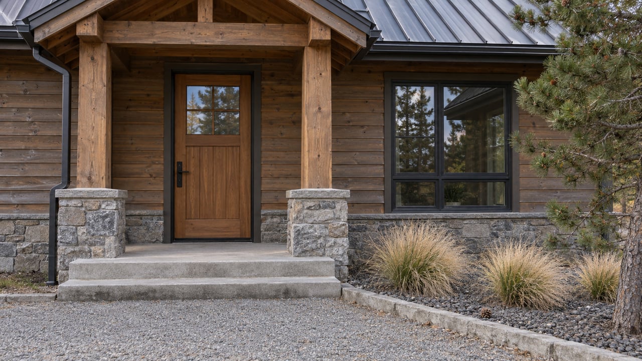 Wood-sided home entry beneath a charcoal metal gable, with stone base, concrete steps and dry bunchgrass beside the walk.