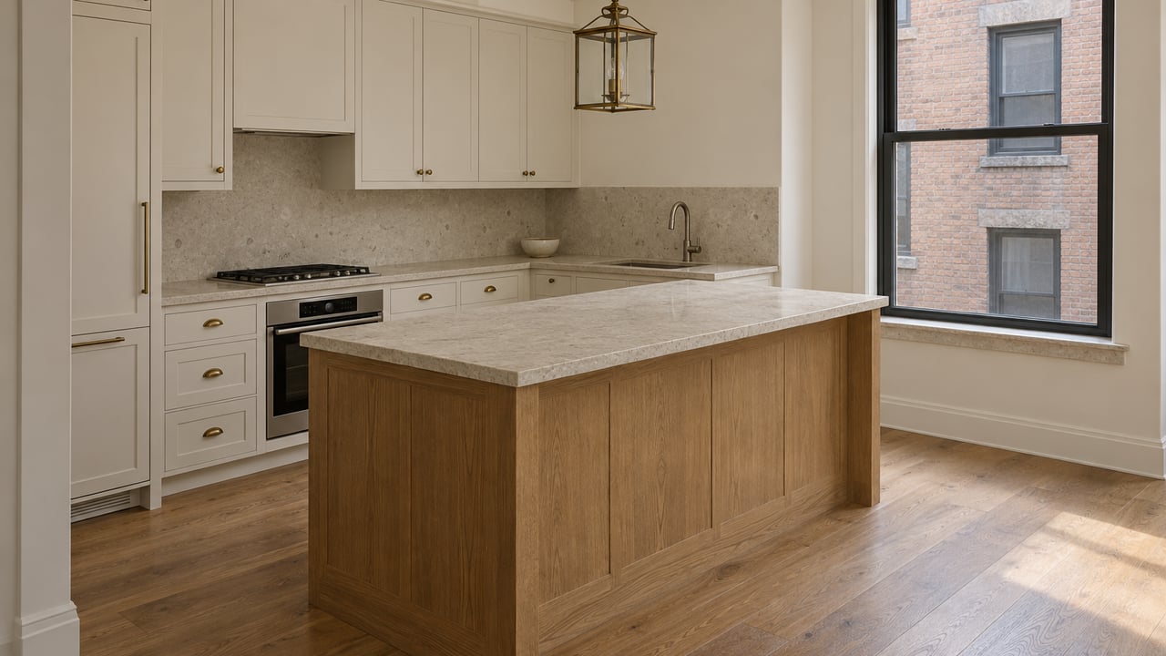 Daylit apartment kitchen with ivory cabinets, a limestone-topped oak island, brass pendant, and a closed window facing a brick courtyard wall.