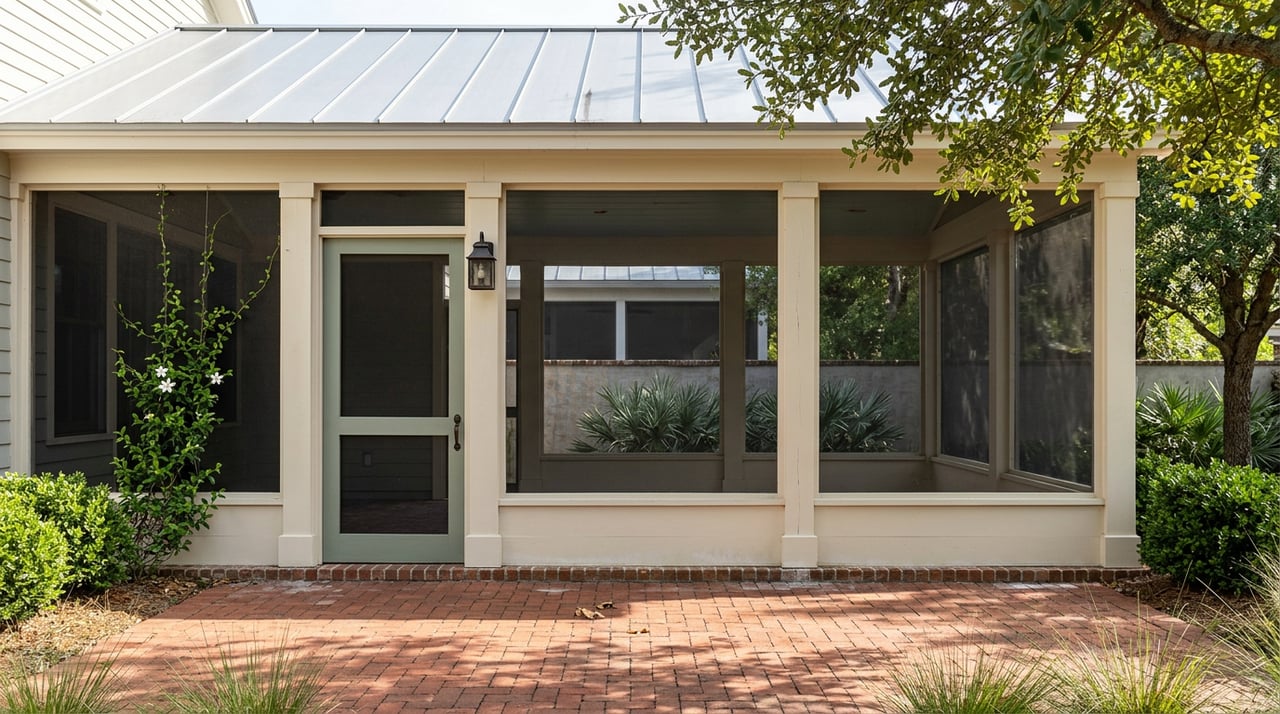 Screened porch with sage-green door and cream posts, set behind a dappled brick terrace.