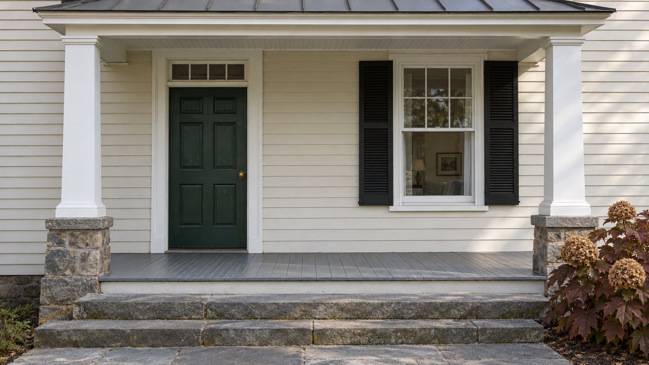 Cream clapboard house porch with a deep green front door, black shutters, worn gray decking, and bluestone steps beside an oakleaf hydrangea.