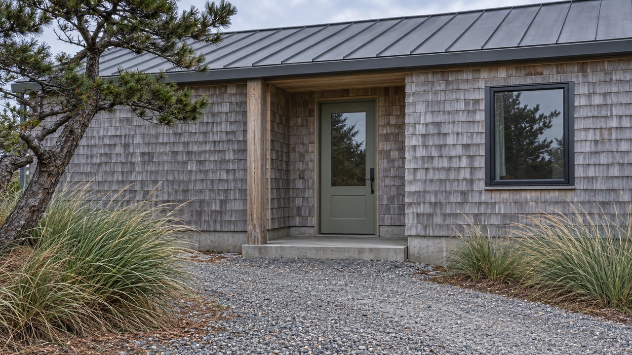 Weathered gray-shingle cottage with a sage door, gravel approach, shore pine, and dunegrass.