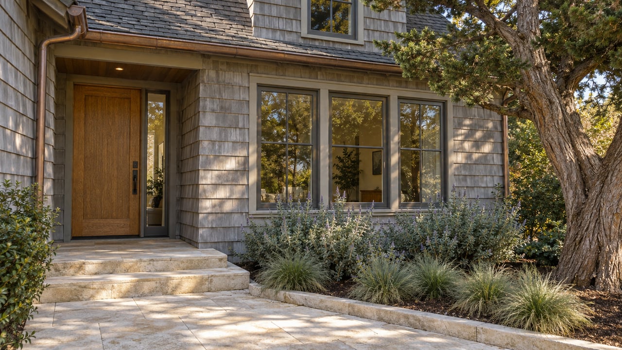 Weathered cedar-shingle cottage entry with an oak door, limestone steps, and a mature cypress beside a small planted garden.