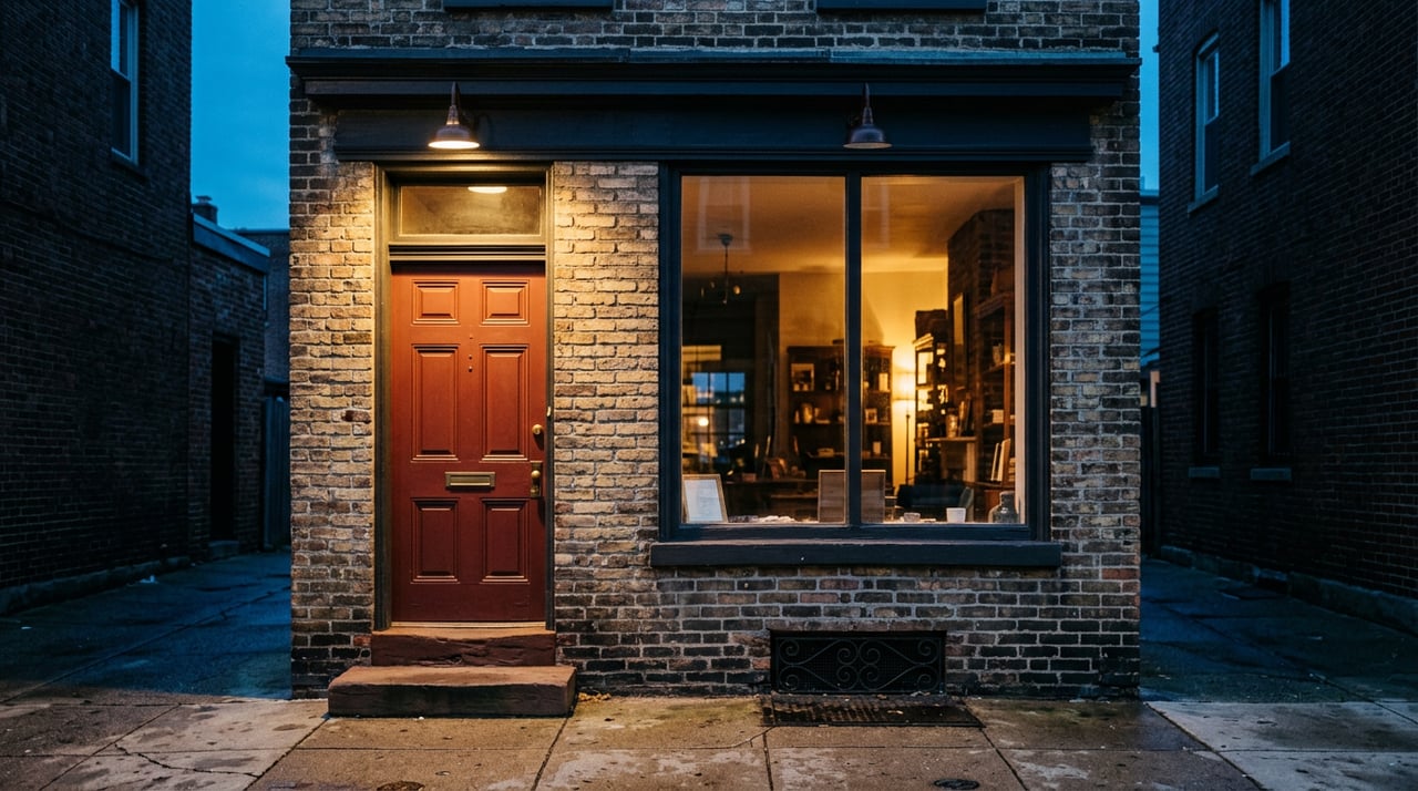 Brick rowhouse storefront with a glowing display window, recessed red door, and boxwood planters at dusk.