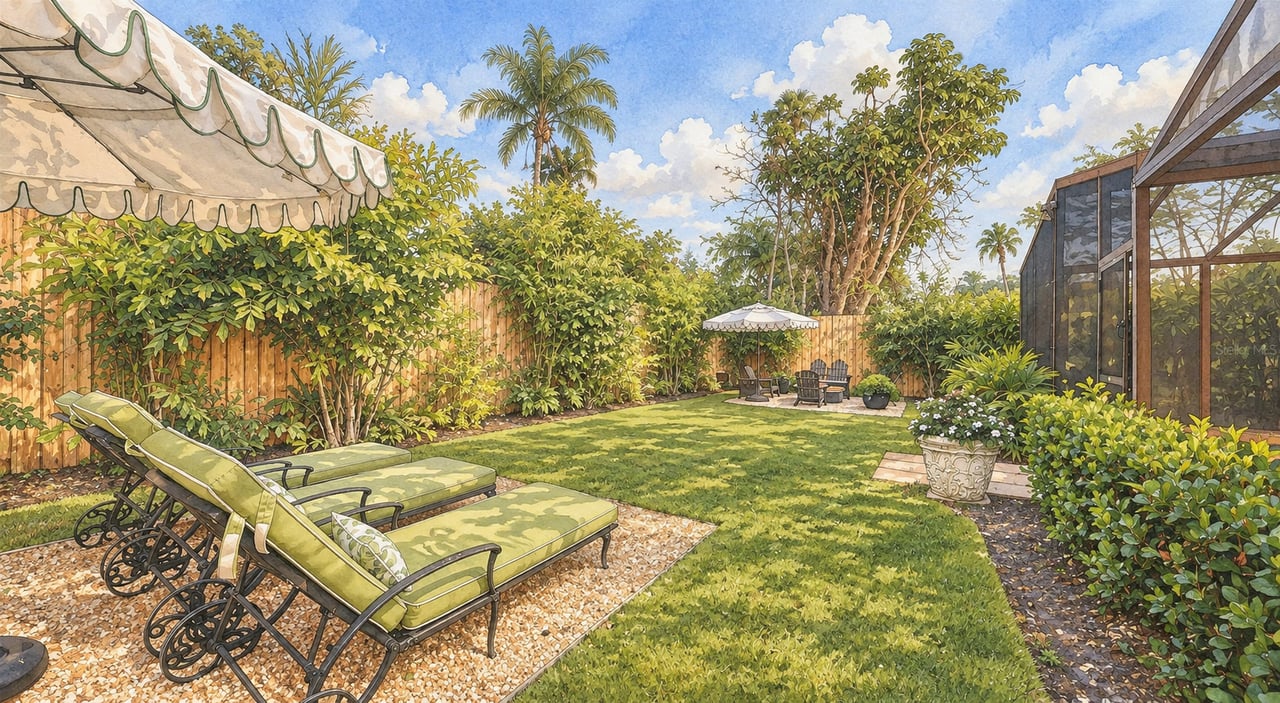 Landscaped backyard with chaise lounges, a broad lawn, tropical greenery, and a shaded seating area.