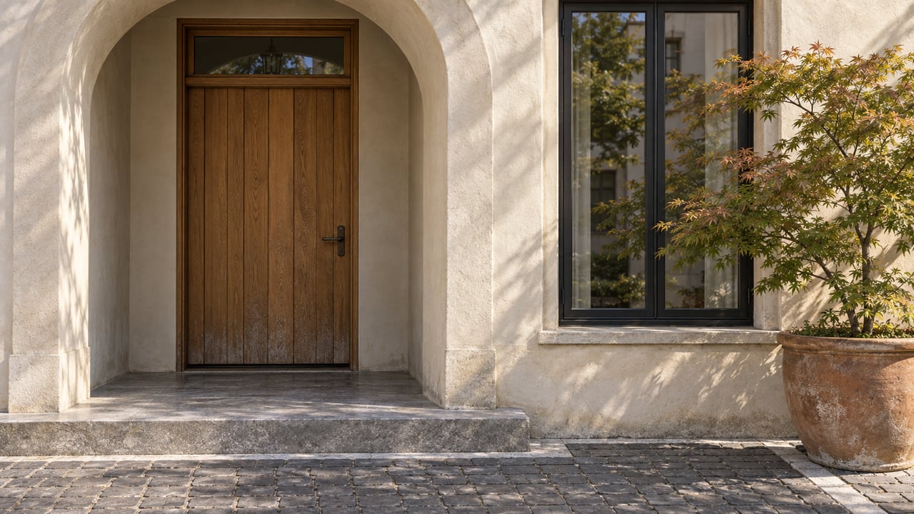 An arched stucco residential entry with an oak door, black-framed window, limestone step and a potted Japanese maple.