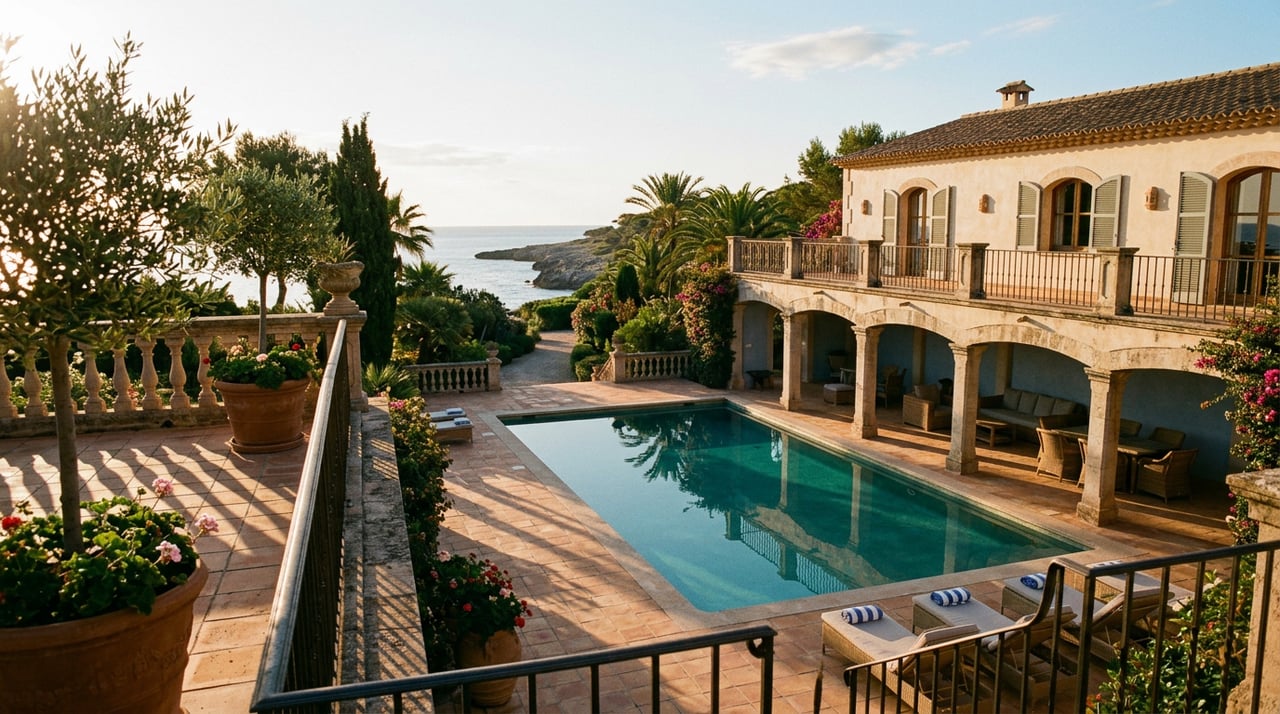 Turquoise pool courtyard beneath a stucco arched loggia, framed by palms and a terracotta-tiled roof.