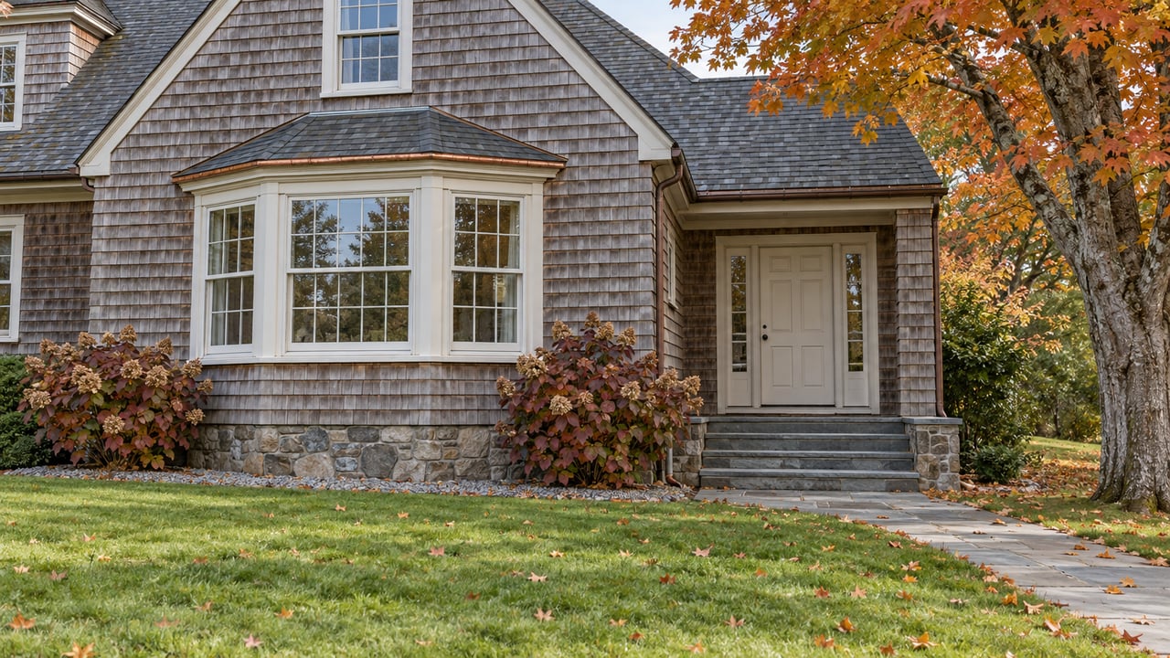Silver-brown shingled home with a slate gable, white bay windows and a bluestone entry beside an autumn sugar maple.