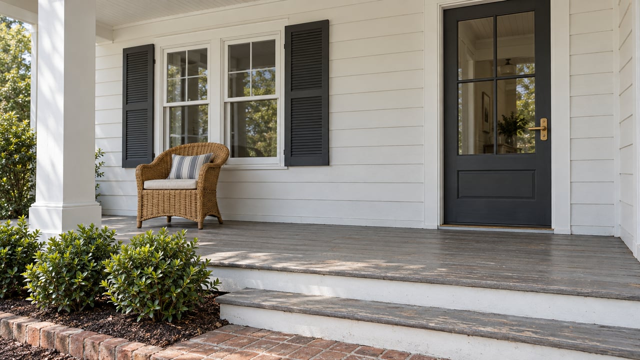 Sunlit white-sided home porch with a charcoal glazed door, paired sash window, woven chair and brick-edged gardenias.