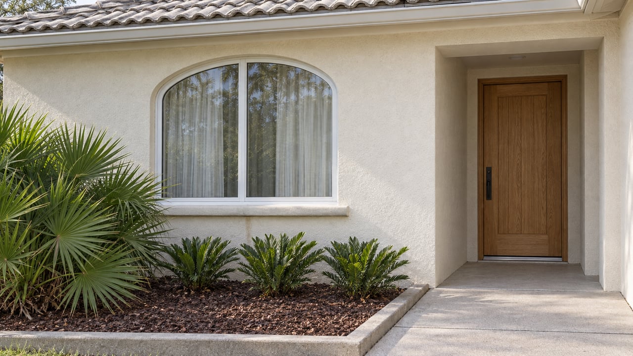 Cream stucco home with a semi-arched window, recessed oak entry door, gray tile eave, and fan-palm planting beside a concrete approach.