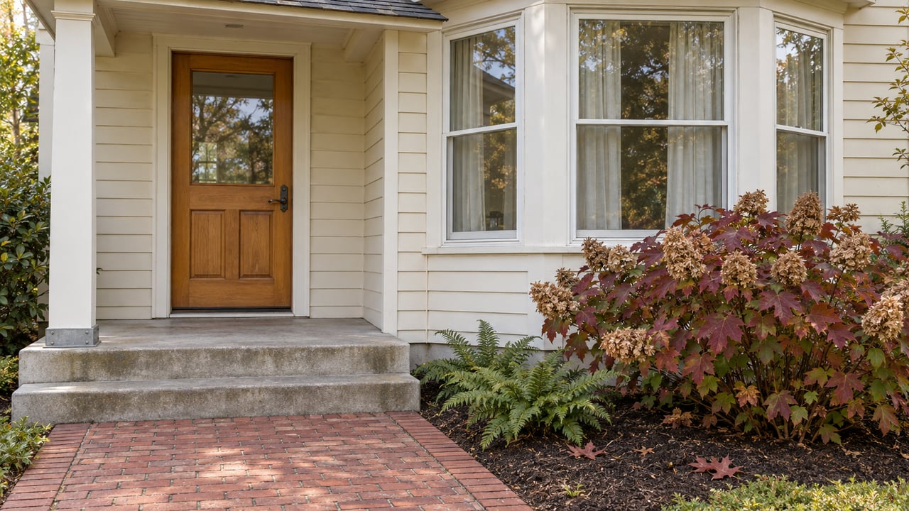 Ivory clapboard home with a honey-colored entry door, white-trimmed bay window, brick approach and autumn oakleaf hydrangea.