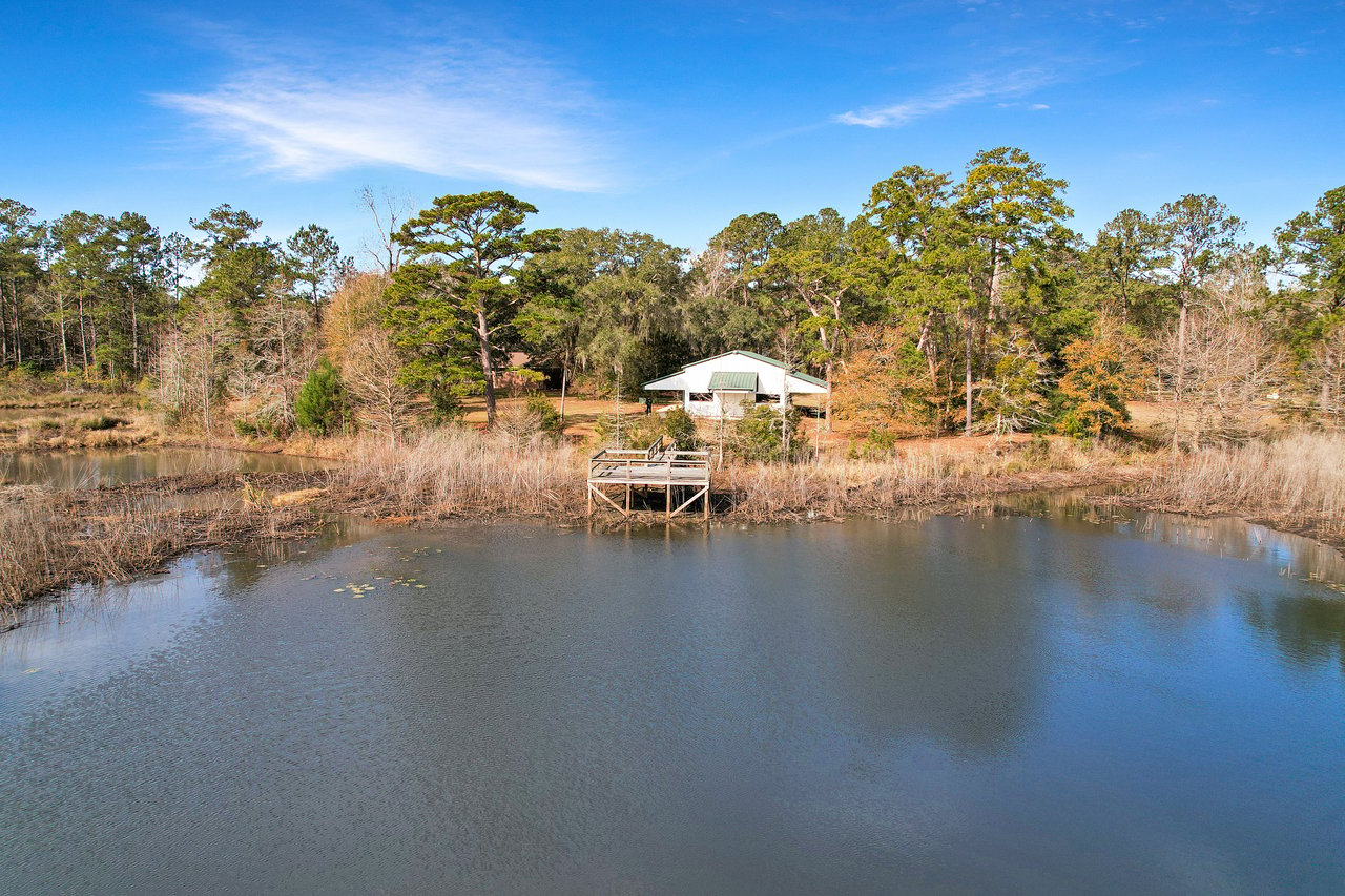 A serene lakeside scene with a wooden deck extending over calm water. A white house is nestled among lush green trees under a bright blue sky.