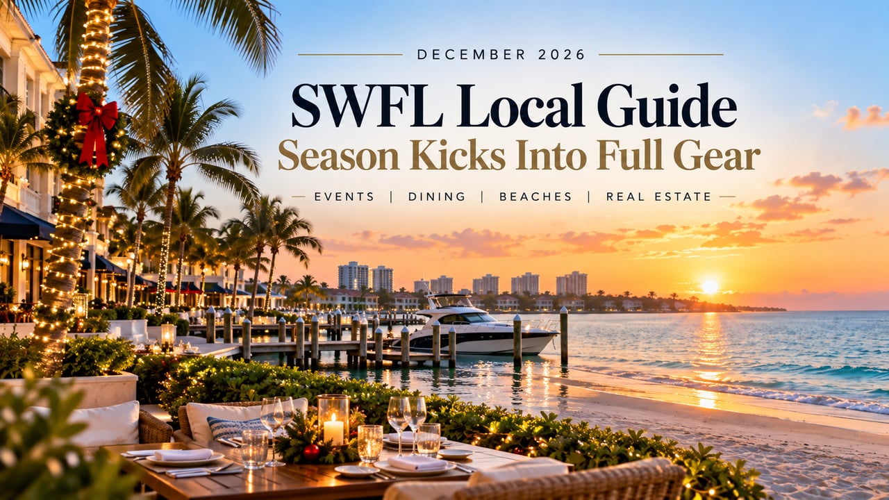 December 2026 in Southwest Florida featuring a festive Gulf Coast waterfront, holiday lights, beach, marina, outdoor dining, and sunset highlighting seasonal events, dining, beaches, and real estate in SWFL.