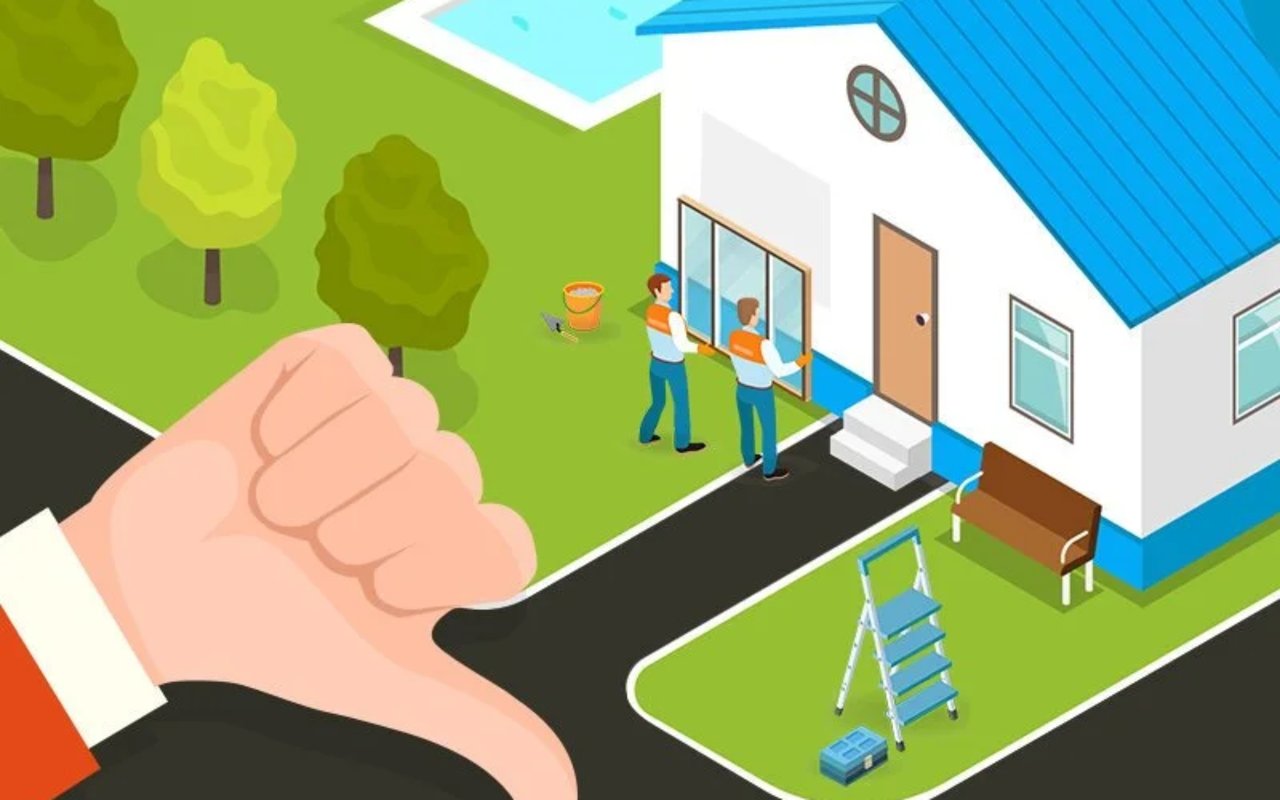 Illustration of workers replacing a house window beside an oversized thumbs-down gesture.