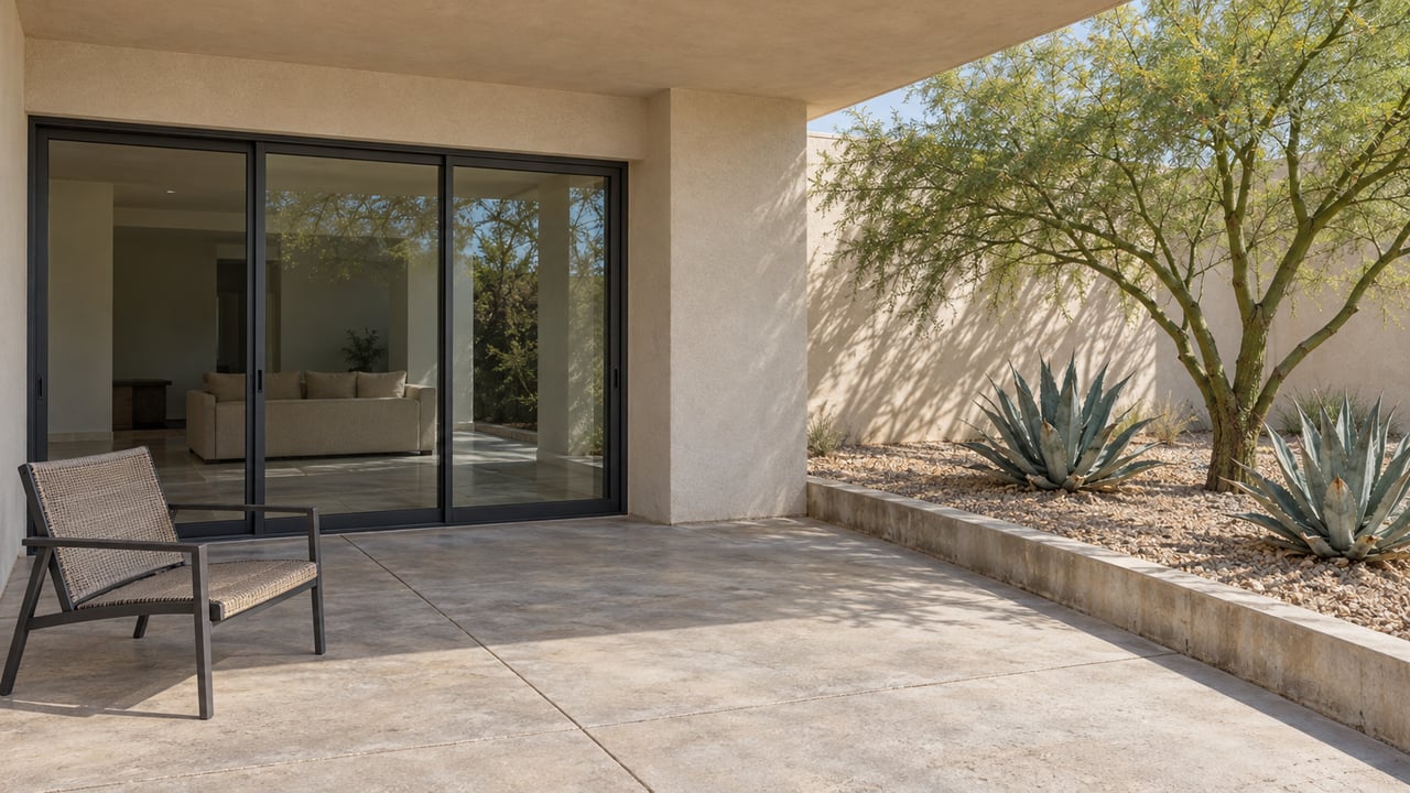 Covered concrete patio beside warm-white stucco and closed glass doors, with a sculptural green-trunk tree and two agaves in a bordered gravel terrace.