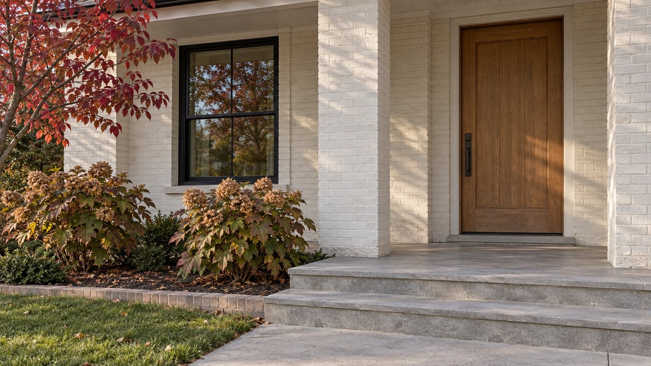 Sunlit white-painted brick porch with an oak entry door, black-framed window, limestone steps and autumn dogwood leaves.
