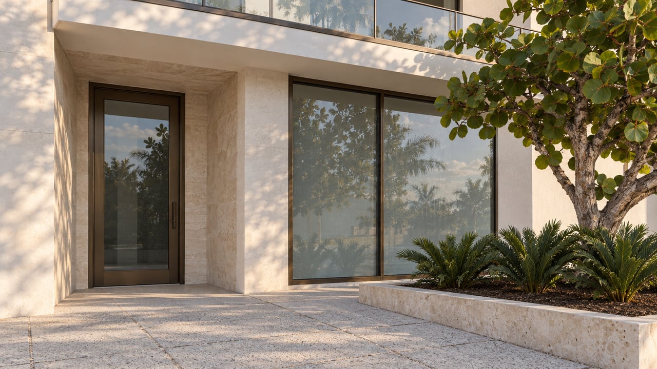 Coastal condo entrance with a recessed bronze-framed door, broad window, and leafy planting bed.