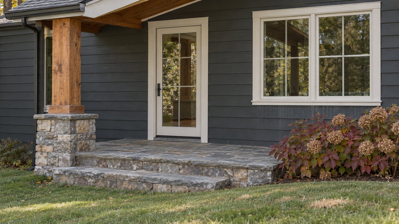 Charcoal-sided lake house with a timber porch post, enclosed glass entry, worn stone steps and an oakleaf hydrangea beside the sloping lawn.