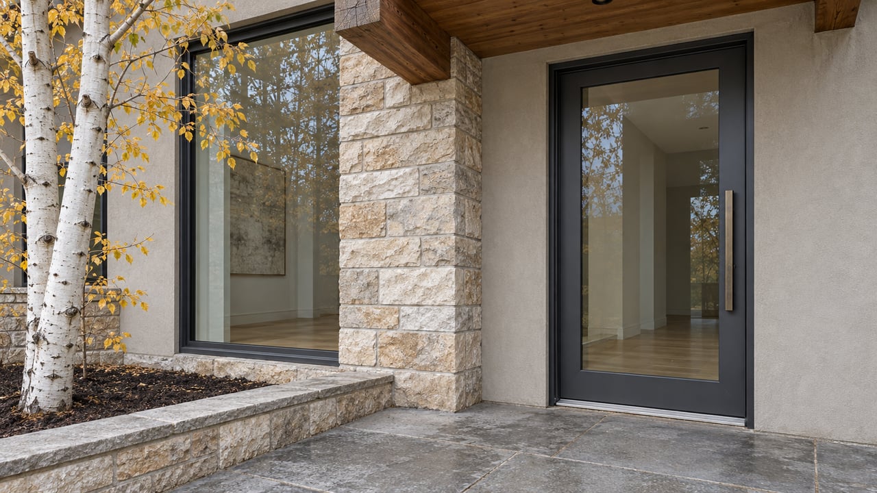 Autumn light on a timber-covered residential entry with tan stone, charcoal-framed glass and a golden-leaved aspen beside a stone landing.