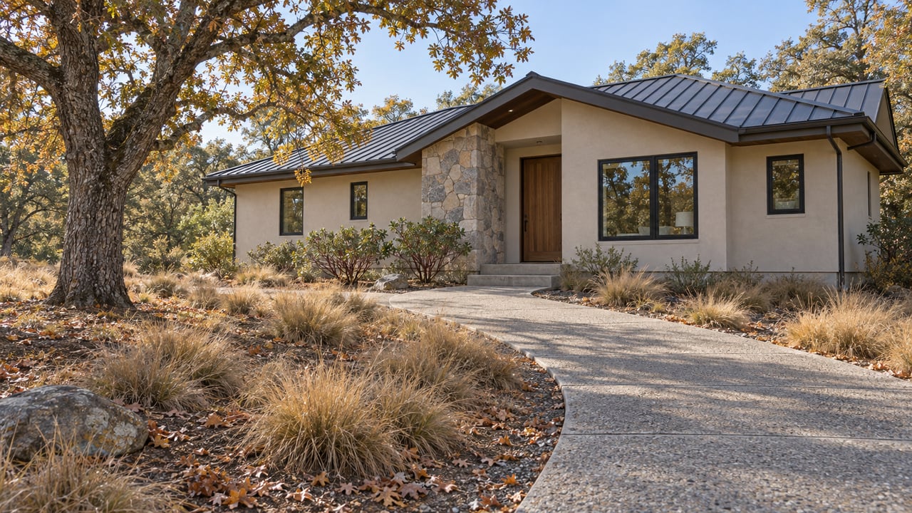 A low stucco-and-granite home with black-framed windows, a broad concrete approach and a mature oak amid tawny planting.