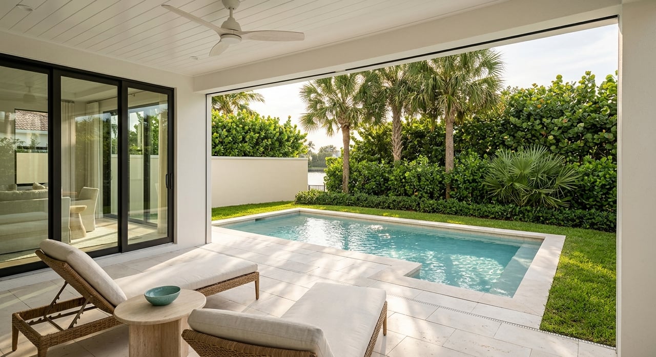 Compact pool beside a shaded lanai with two chairs, limestone coping, and a dense tropical hedge.