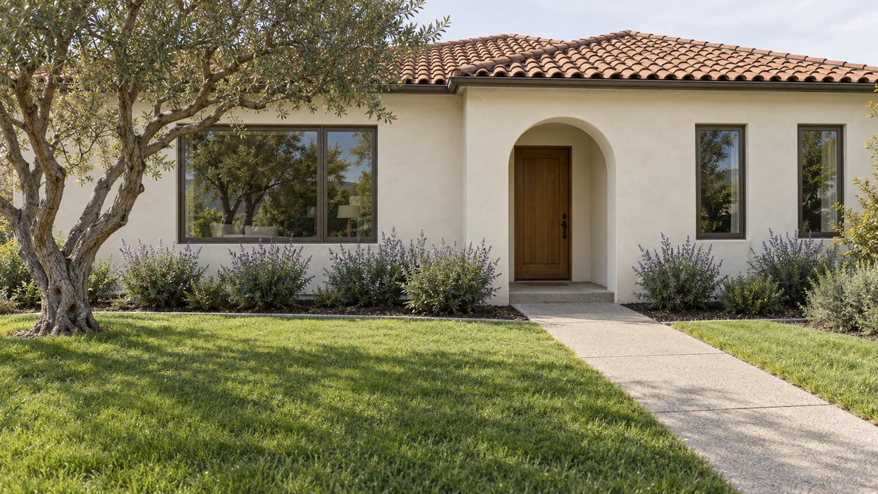 Warm stucco home with terracotta roof, arched timber entry, bronze-framed windows and an olive tree beside a deep front lawn.