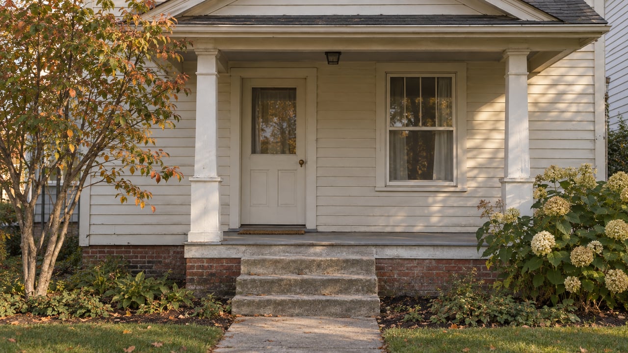 Older two-story clapboard house with a modest porch, cream door, brick foundation, and worn concrete steps.