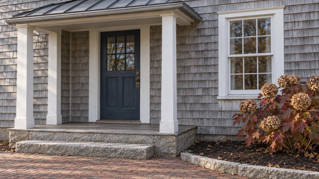 Weathered silver cedar shingles, a blue glazed entry door, white porch posts, and granite steps beside an autumn oakleaf hydrangea.
