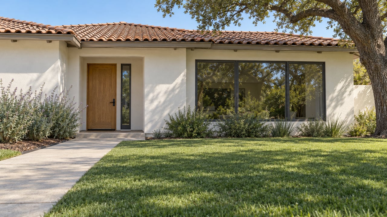 Renovated single-story home with warm-white stucco, a terracotta roof, charcoal-framed windows and a deep front lawn beneath a mature oak.