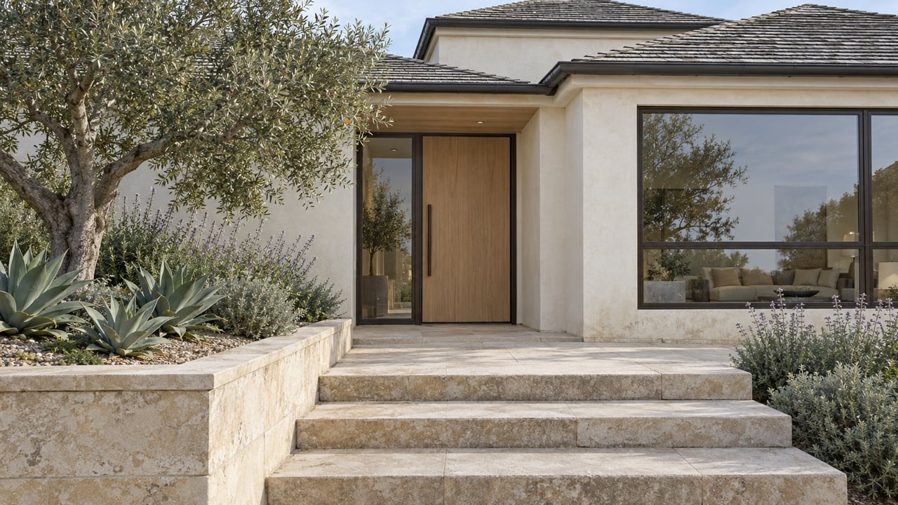Terraced home entry with cream walls, weathered shingle roofs, limestone steps and a sculptural olive tree in a raised planting bed.