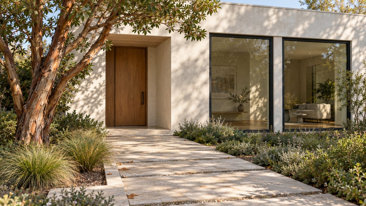 Contemporary home with cream plaster, oak entry, glass panels, limestone path, and a mature tree.