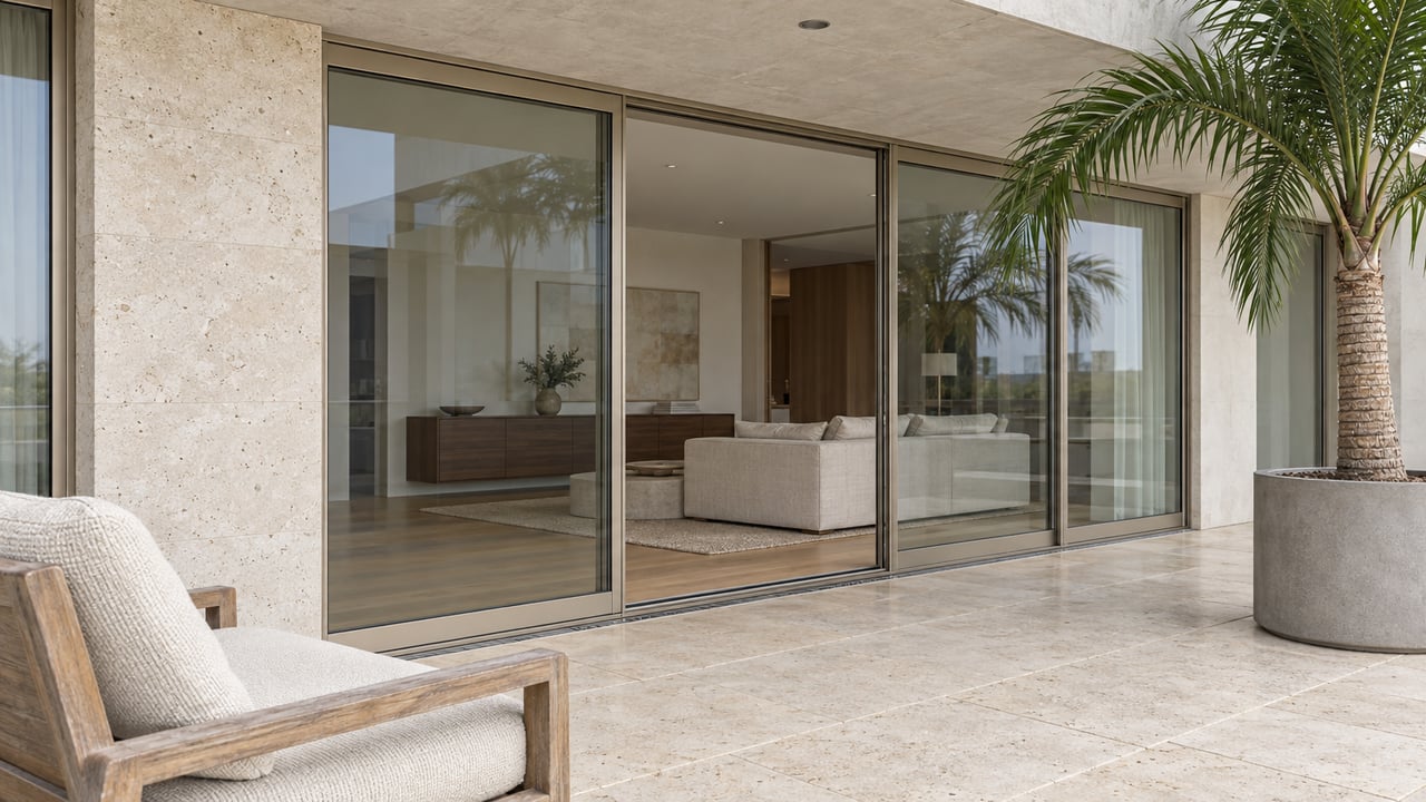 Covered luxury residential terrace with limestone paving, closed glass doors, a teak lounge chair and a single potted palm.