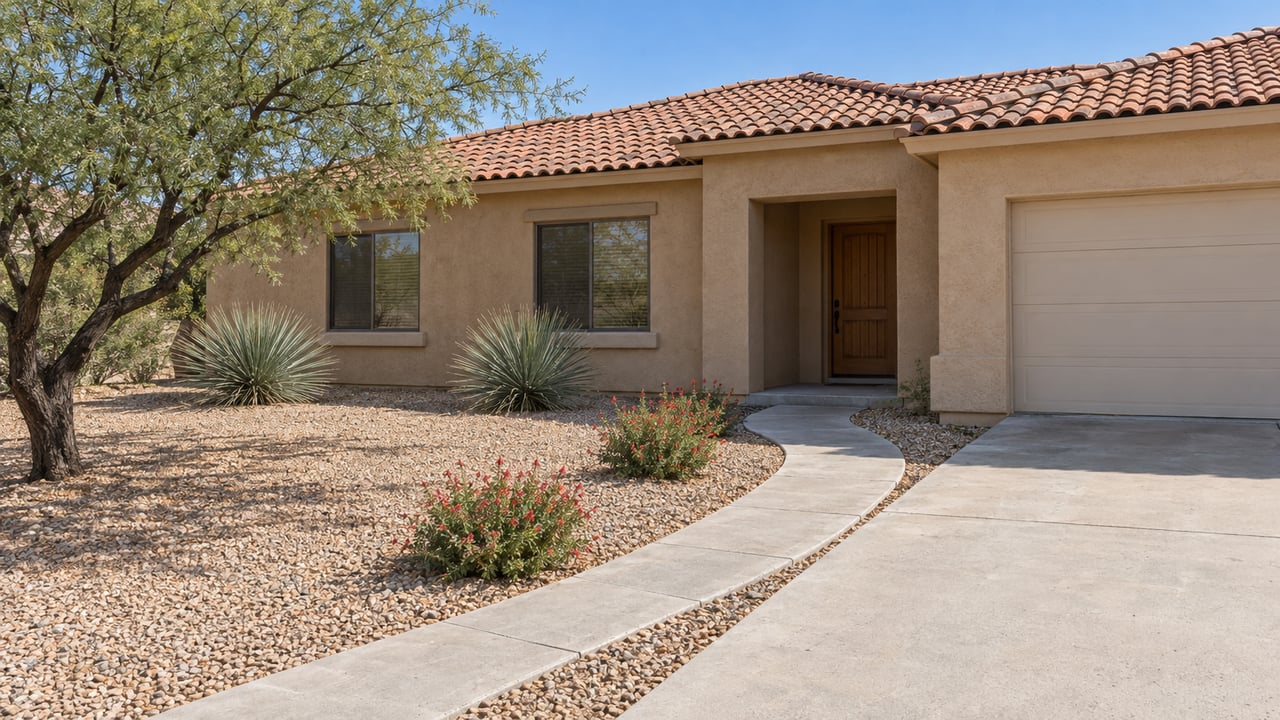 Sand-colored stucco home with a clay tile roof, recessed timber entry and a broad gravel front yard planted with a mesquite, desert spoon and flowering sage.