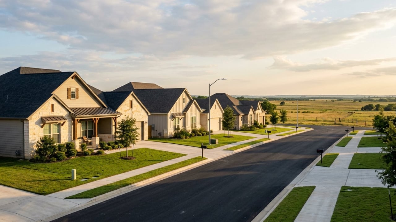 New single-story homes on a quiet street at the edge of open farmland east of Austin