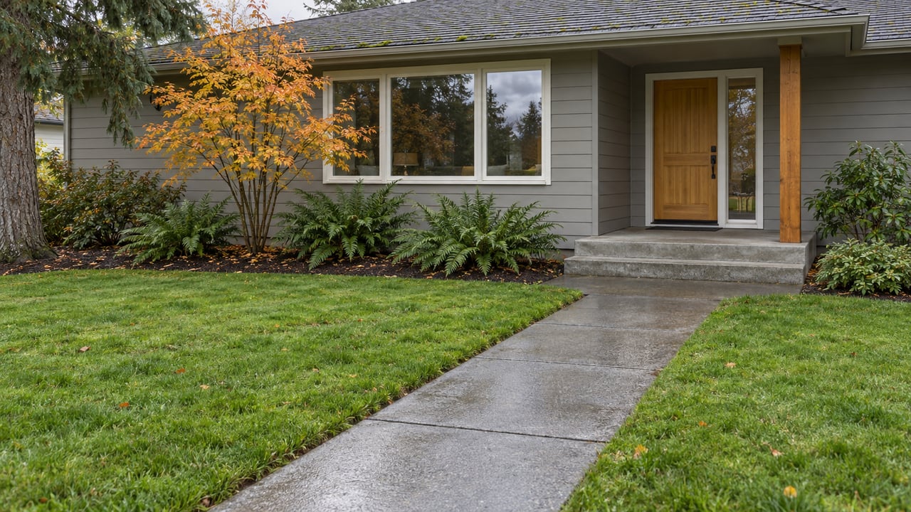 Rain-damp concrete walk crosses a deep front lawn toward a cedar-sided ranch home with a sheltered wood entry and autumn vine maple.