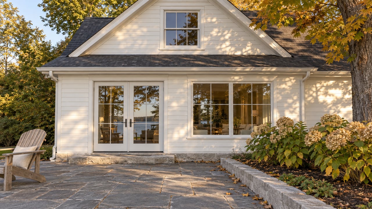White clapboard cottage opening onto a bluestone terrace, with a weathered teak chair and autumn hydrangeas.