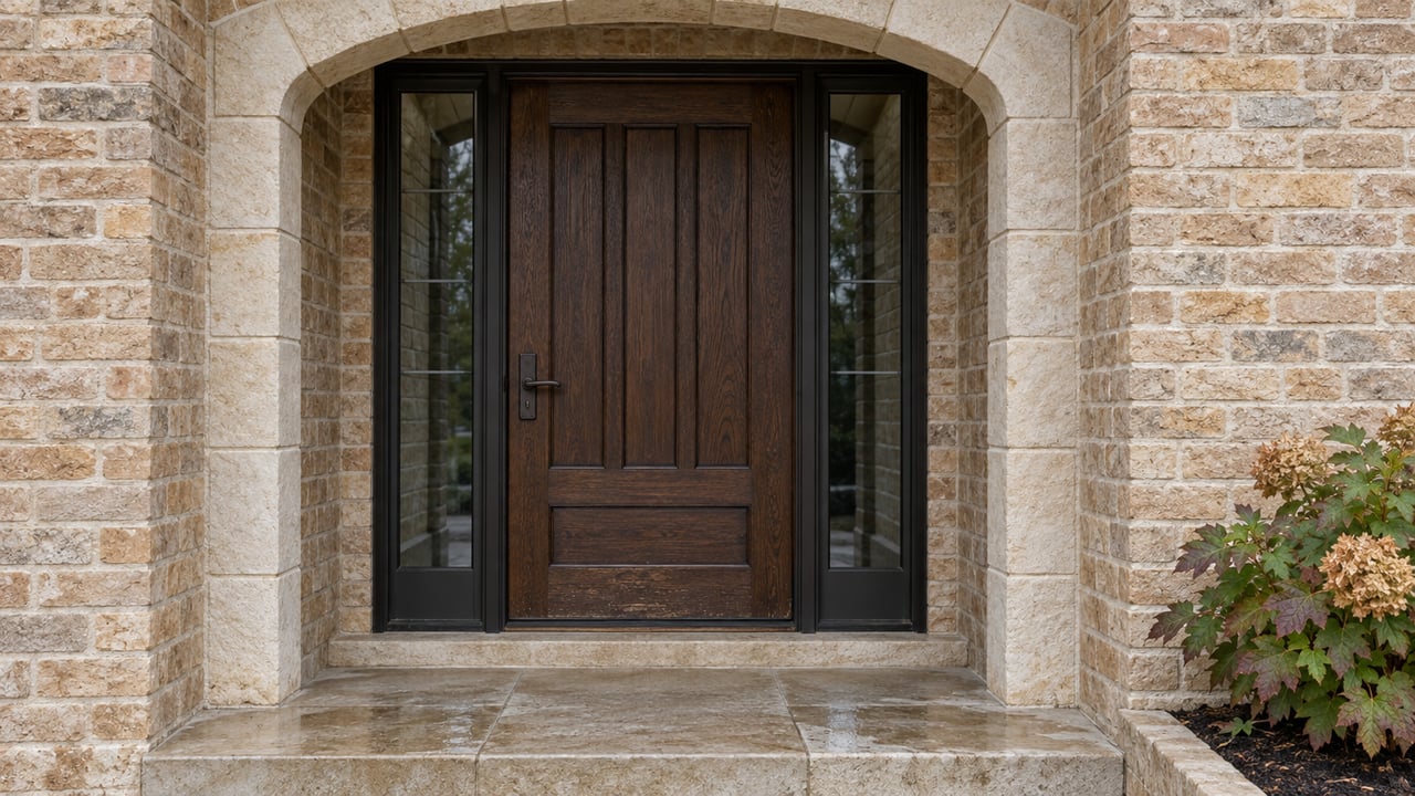 Recessed oak front door with paired glazed sidelights, a limestone arch, warm buff brick and an oakleaf hydrangea beside a damp stone landing.