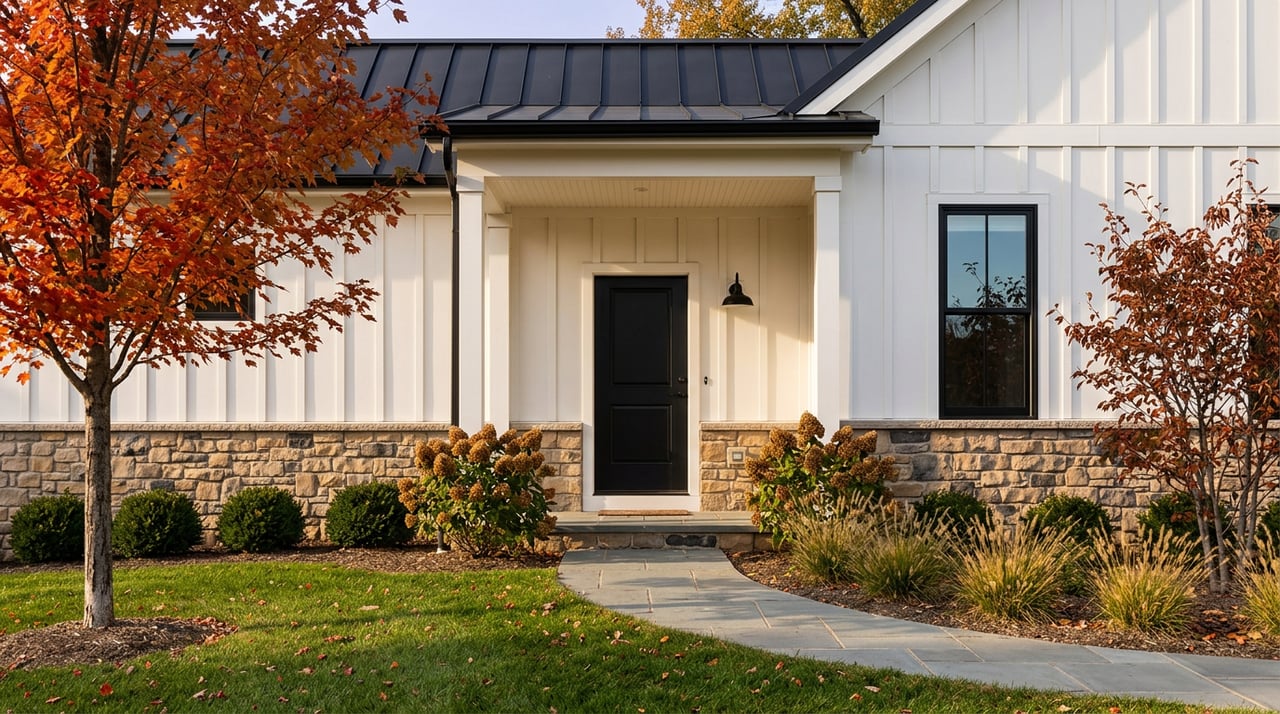 White board-and-batten home with a fieldstone base, black porch door, and scarlet-orange autumn tree.