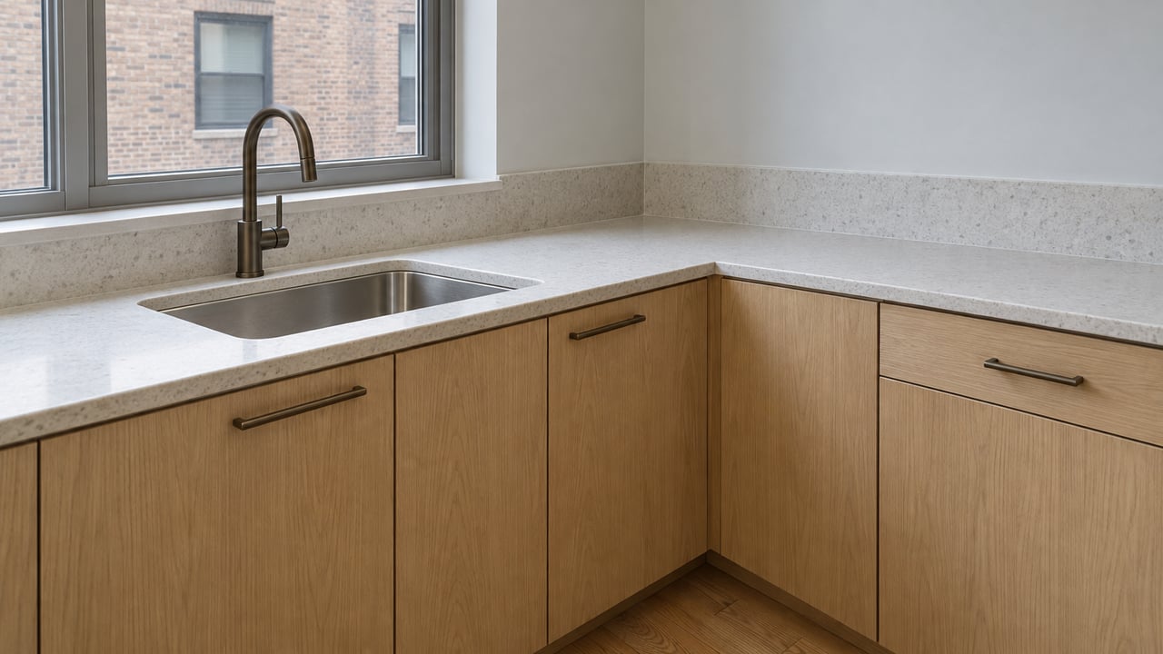 Close view of an apartment kitchen with light oak cabinets, pale quartz counters, and a closed aluminum-framed window.