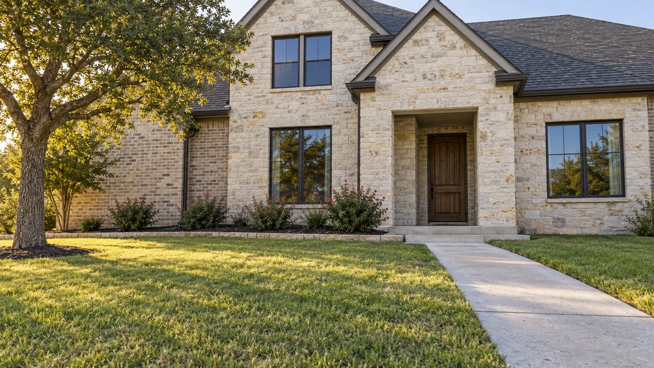 Pale-stone and gray-brick two-story home behind a deep lawn, with a bur oak and a concrete path leading to a sheltered wood front door.