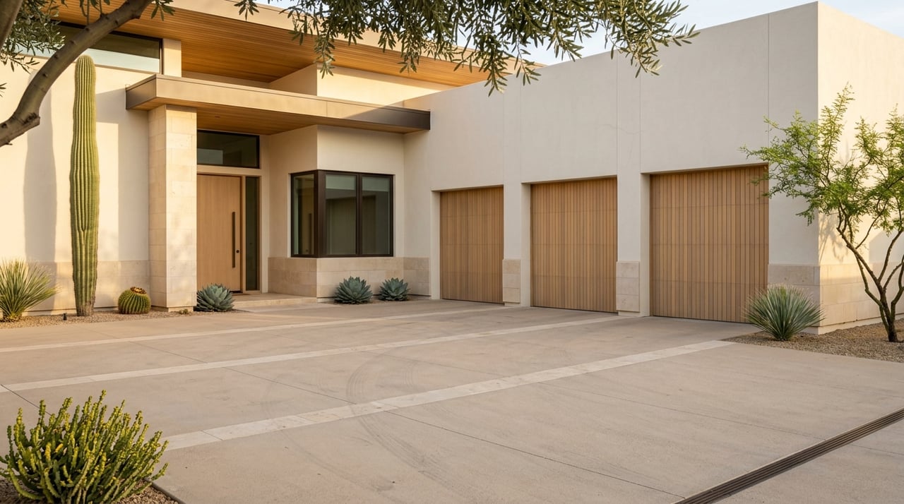 Desert-modern arrival court with a wood-slat garage, stucco walls, and limestone accents in golden-hour light.