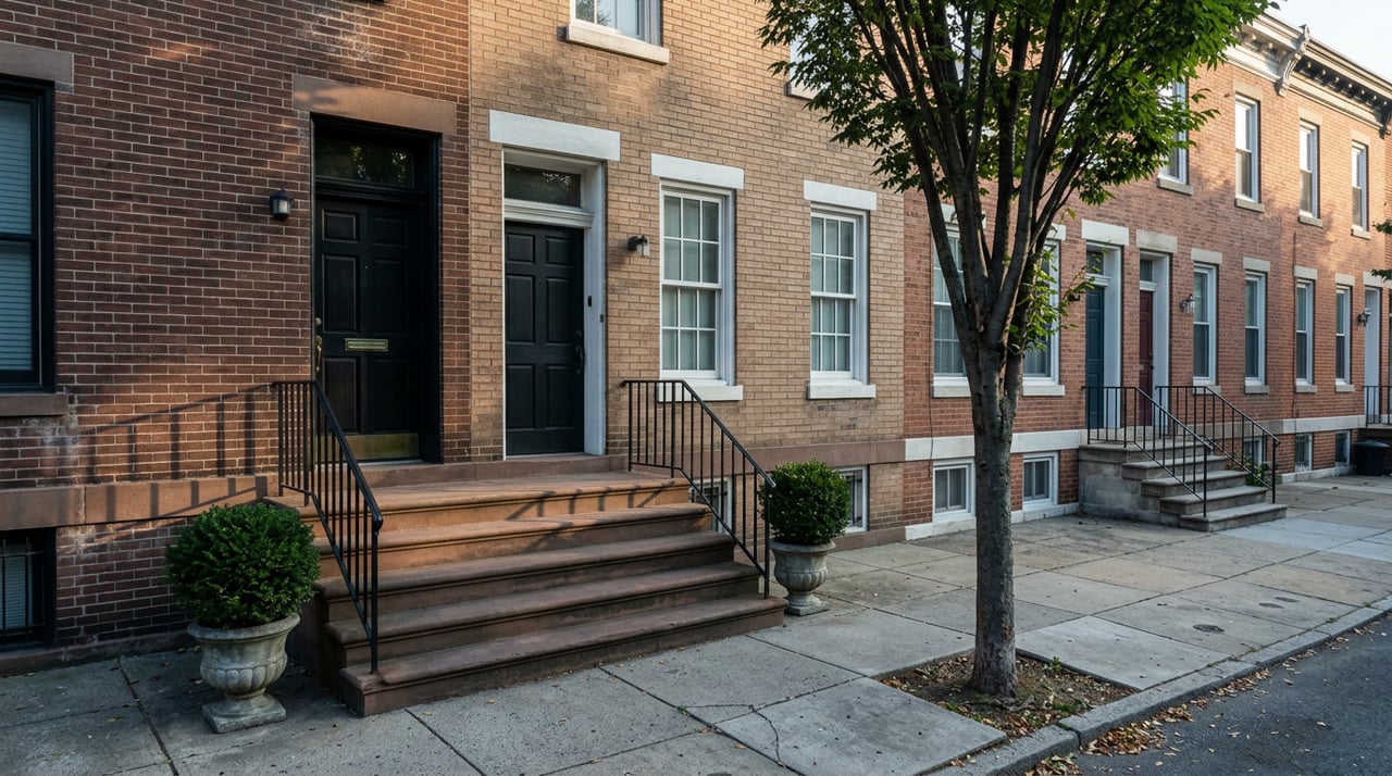 Three attached brick row houses with raised stone stoops recede beneath a leafy street tree in morning sun.