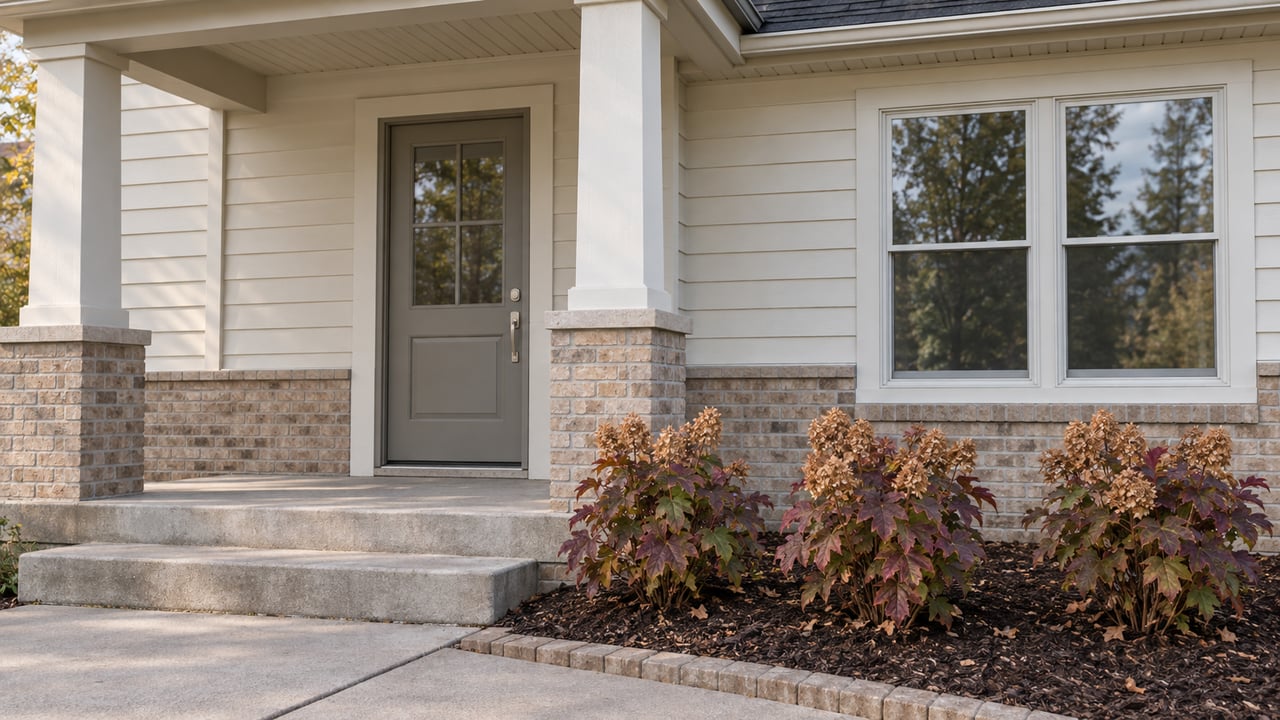 Covered entry of a light-sided home with buff brick piers, a greige glazed door, concrete steps and autumn oakleaf hydrangeas.