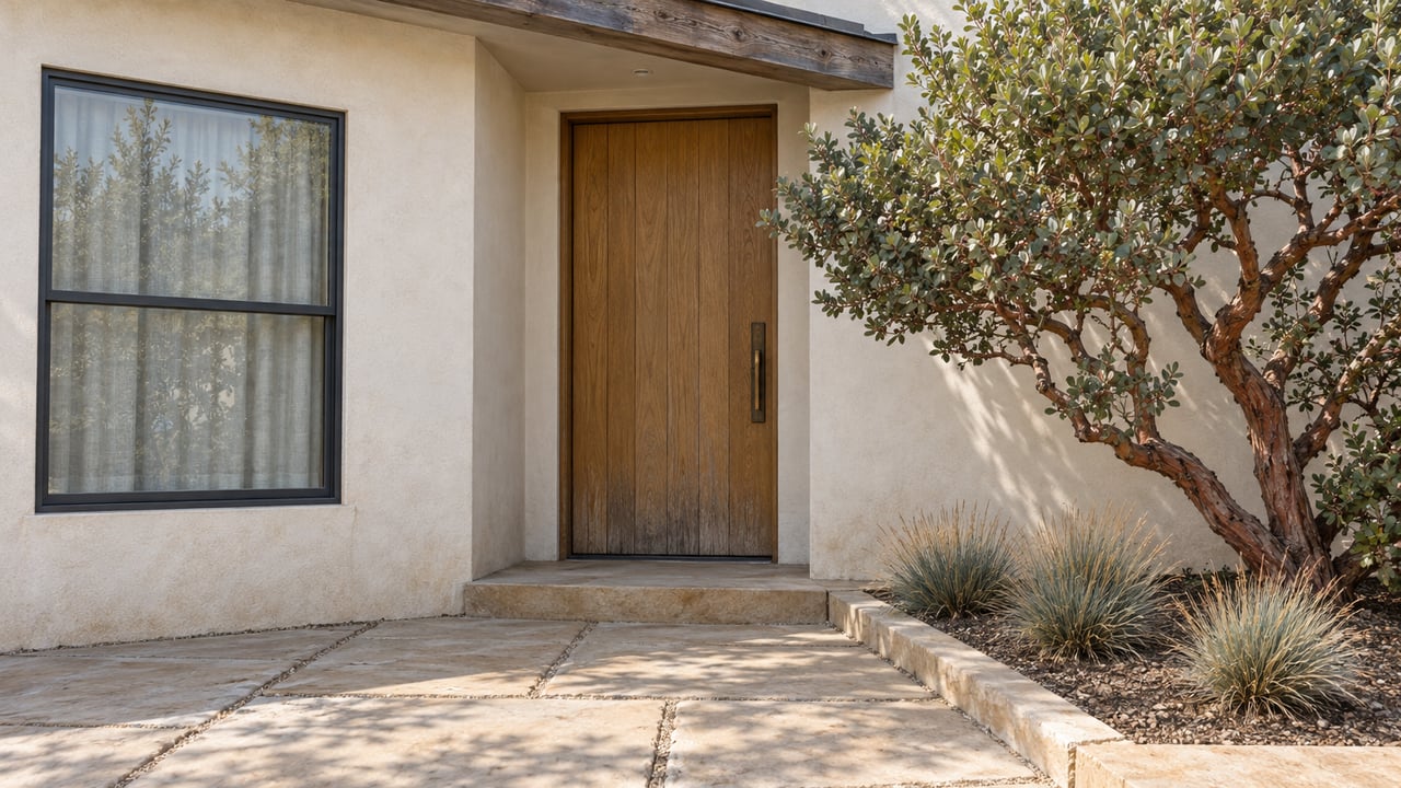 Recessed oak entrance and charcoal-framed window in an ivory stucco home, beside a sculptural manzanita and sandstone path.