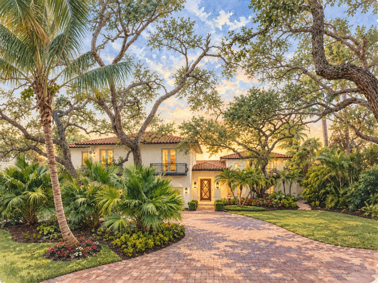 Mediterranean-style home framed by mature trees and palms, with a curved brick driveway.