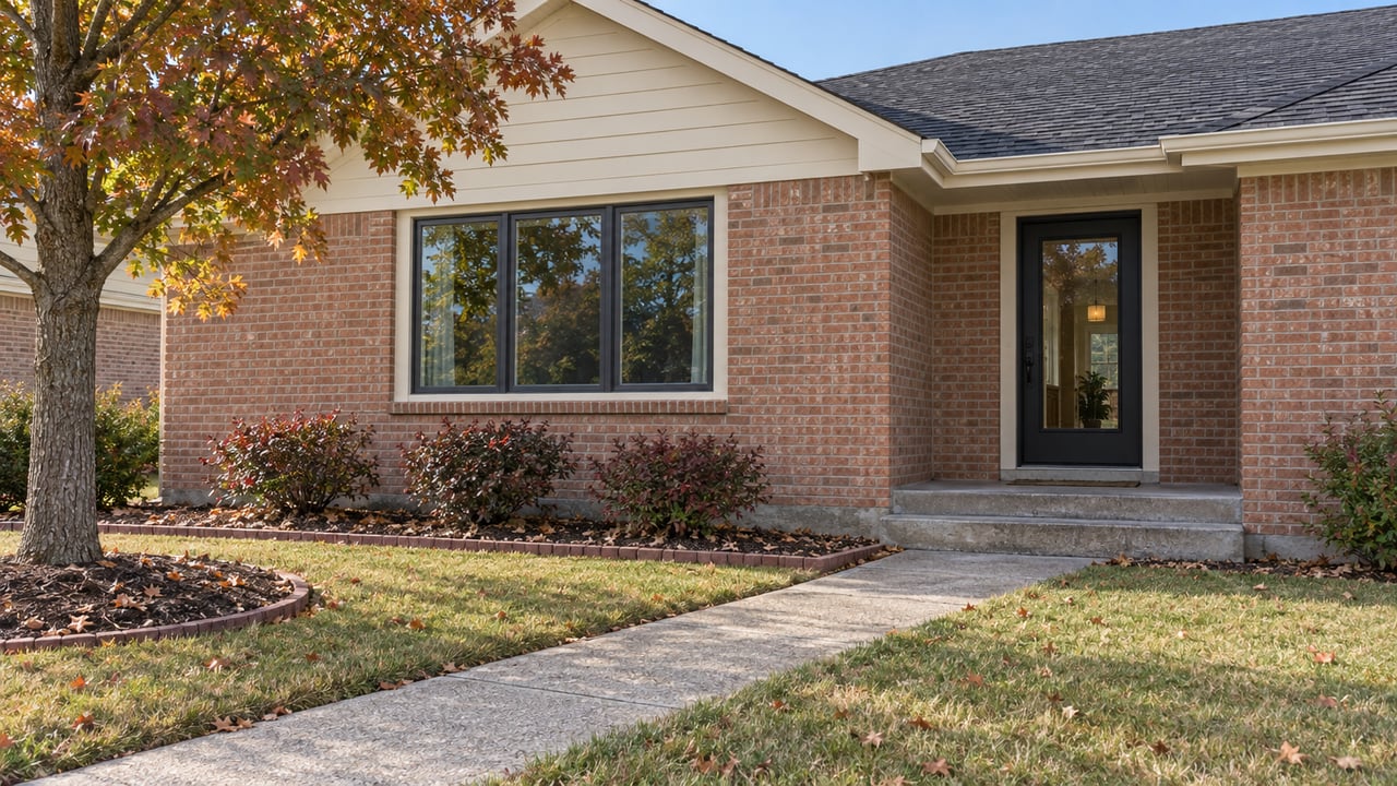 Brick single-story home with a cream gable, glazed front door and autumn foliage beside a concrete approach.