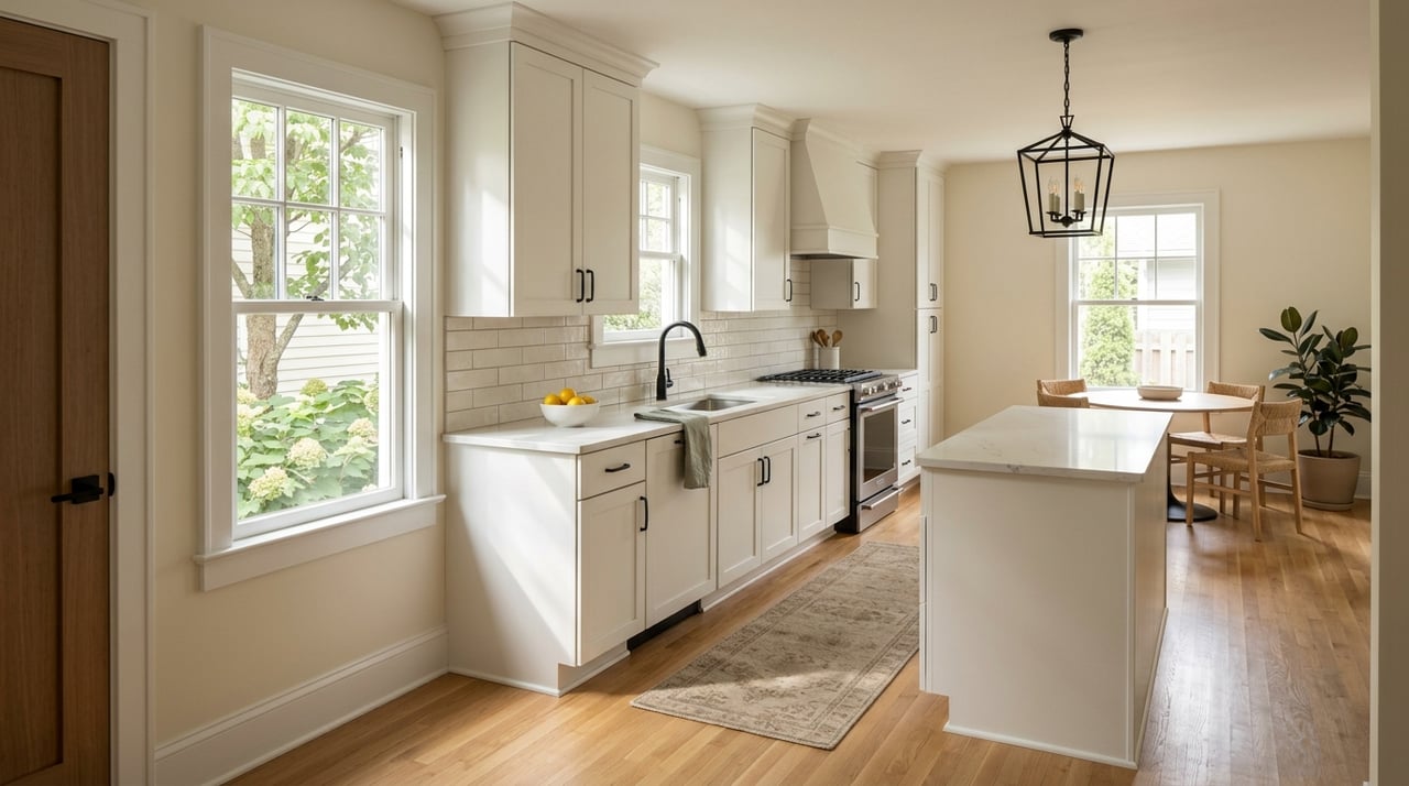 Updated bungalow kitchen and dining nook with natural light and plantings visible through the windows.